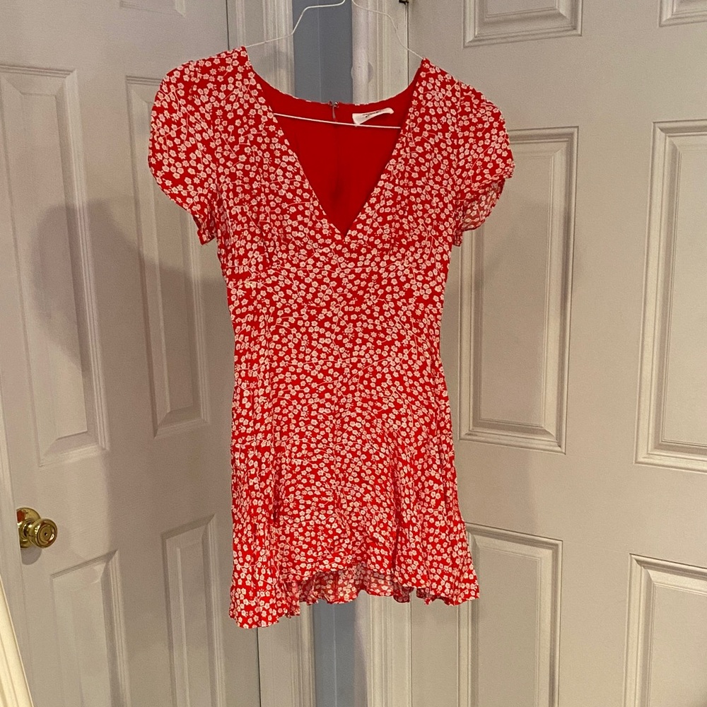 Showpo Red/White Floral V-Neck dress; BETTINA SHORT SLEEVE MINI DRESS RED FLORAL